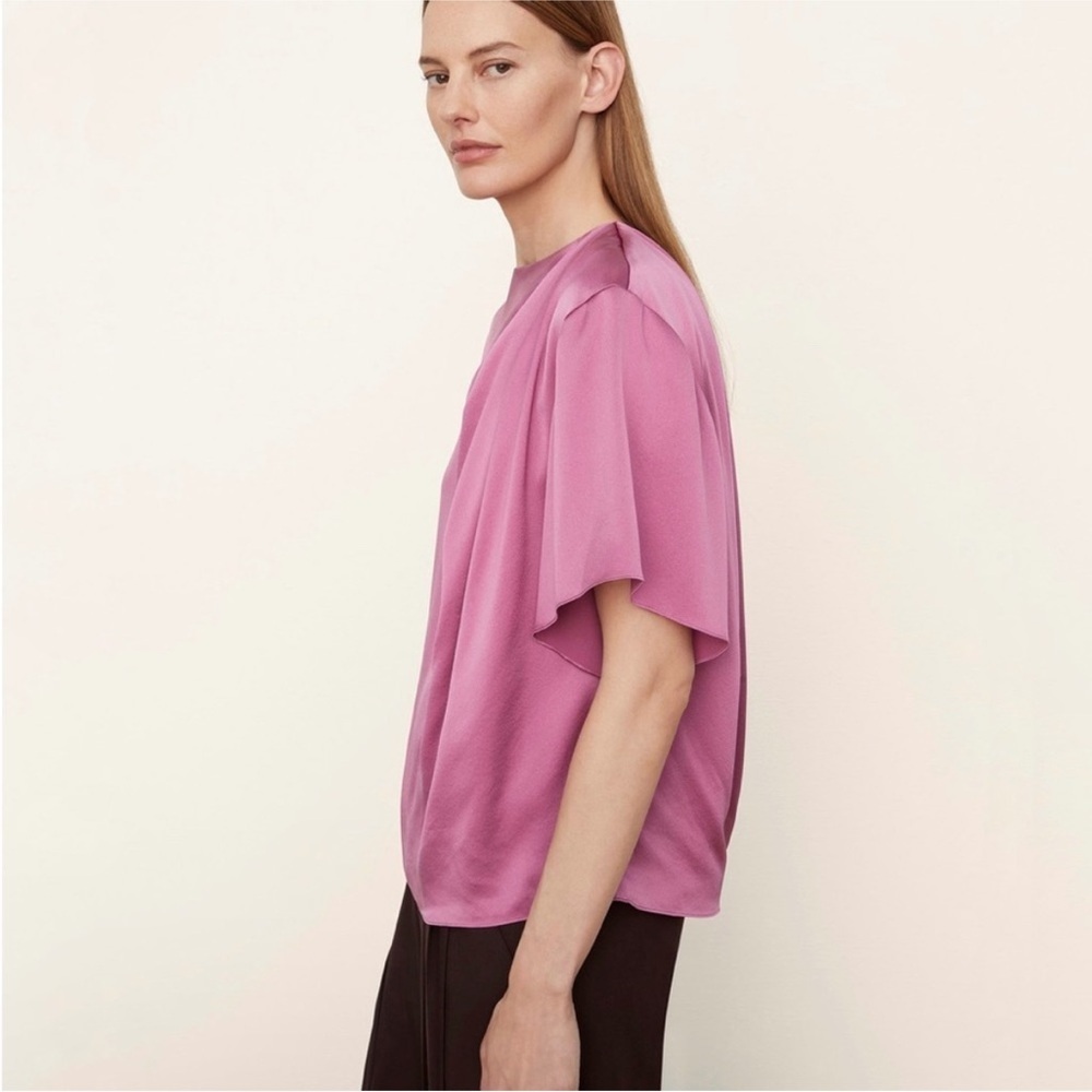 Vince 100% silk pink Flutter-Sleeve Draped-Neck Blouse NEW - Picture 3 of 5
